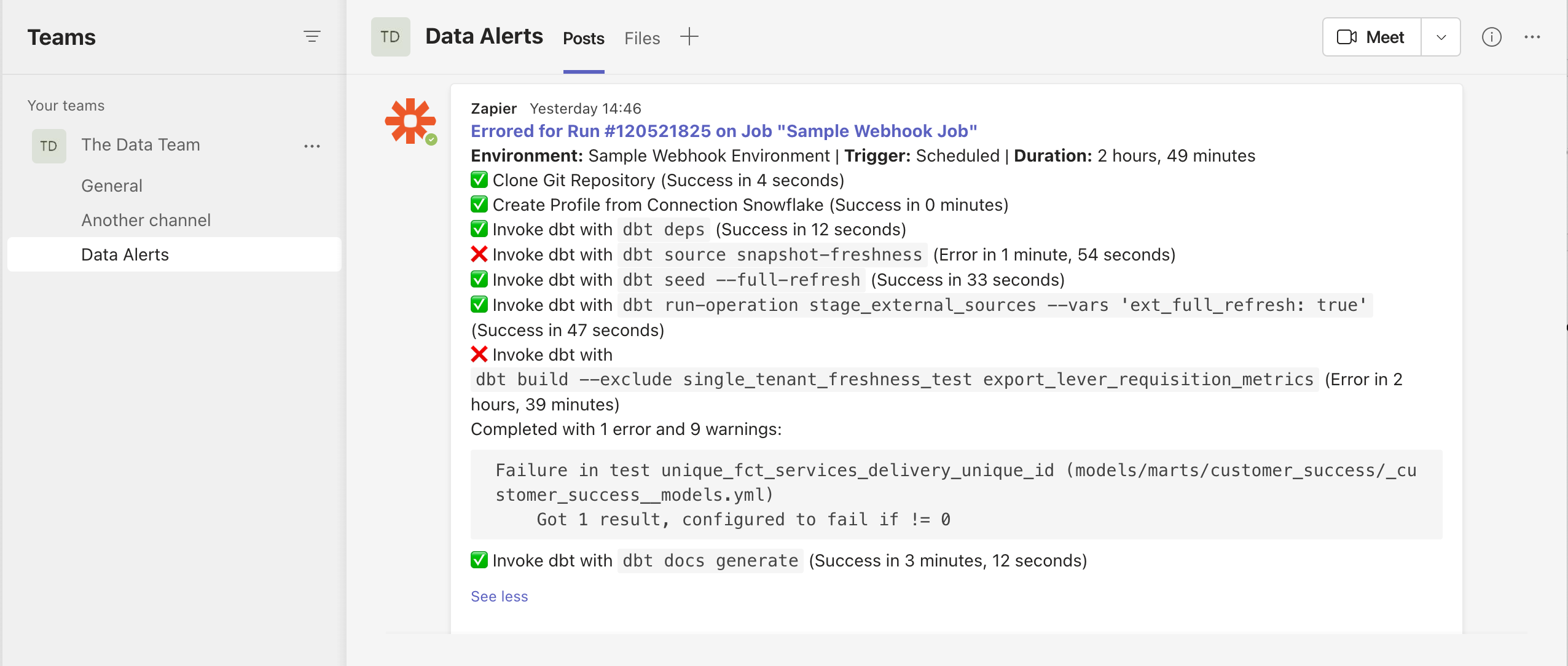 Screenshot of a message in MS Teams showing a summary of a run which failed
