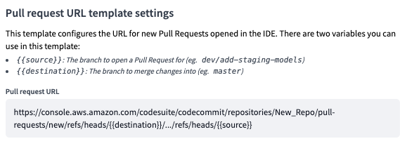 In the Pull request URL field example, the repository name is 'New_Repo'. In the Pull request URL field example, the repository name is 'New_Repo'.