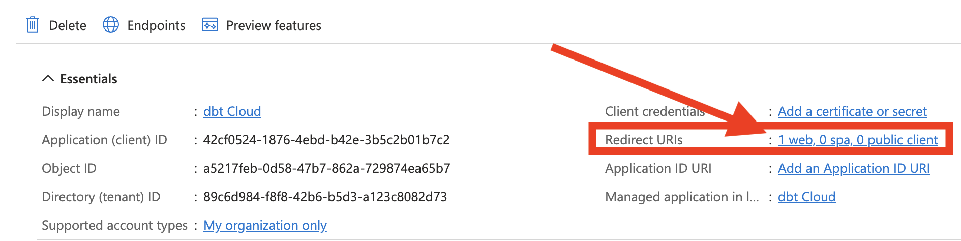 Click the Redirect URI hyperlink Click the Redirect URI hyperlink