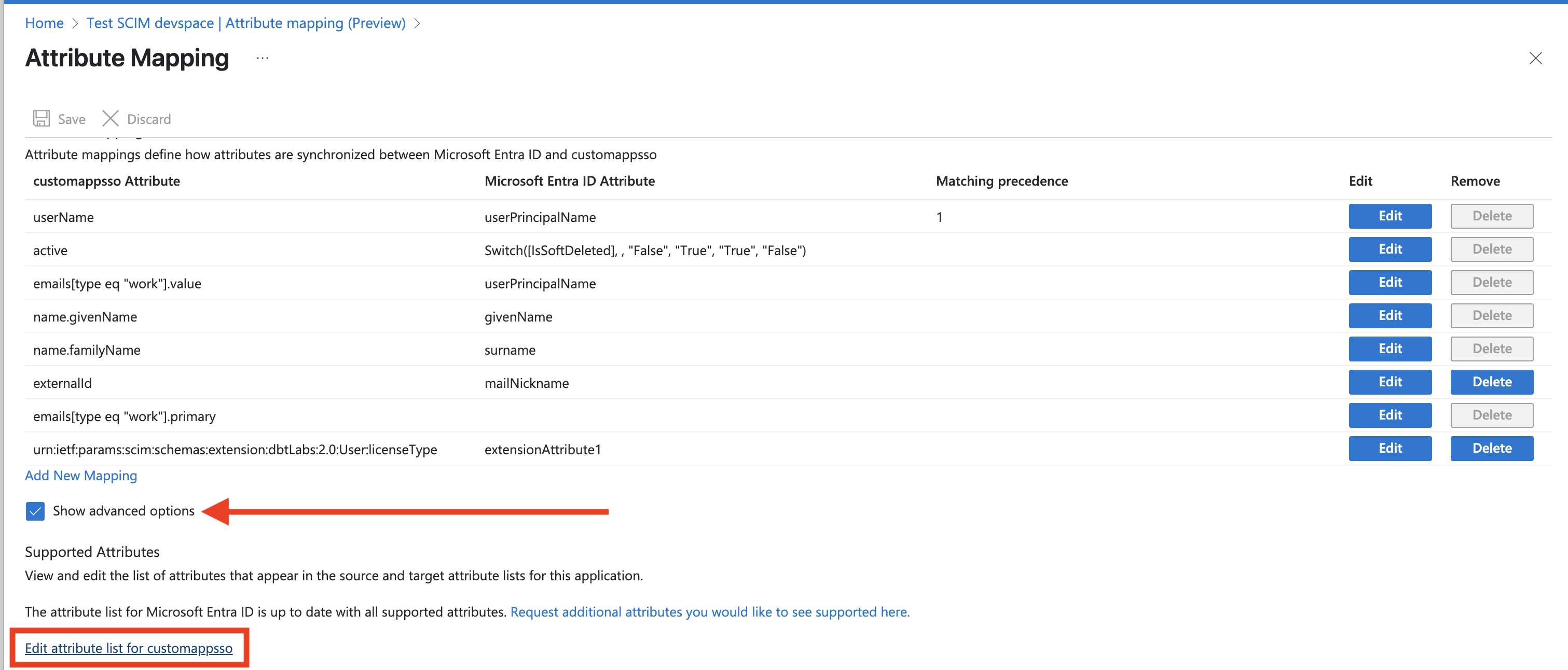 Click to edit the customappsso attributes.