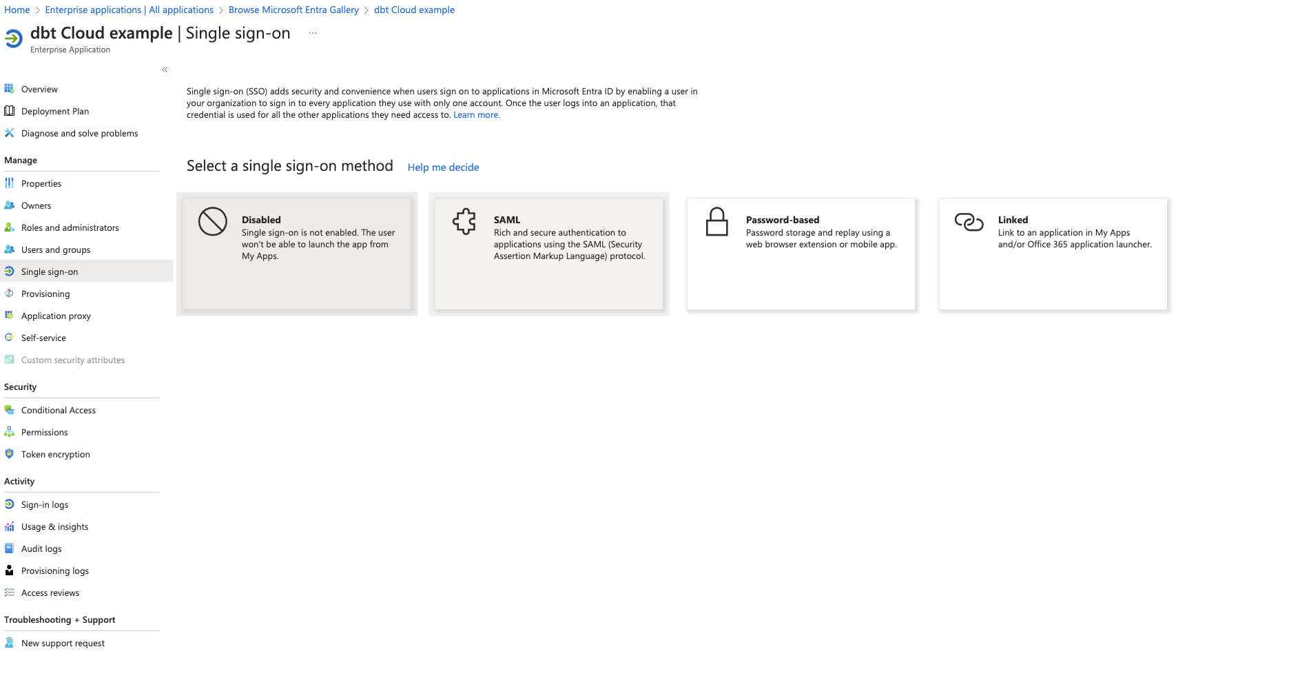 Select the 'SAML' card in the 'Seelct a single sign-on method' section. Select the 'SAML' card in the 'Seelct a single sign-on method' section.