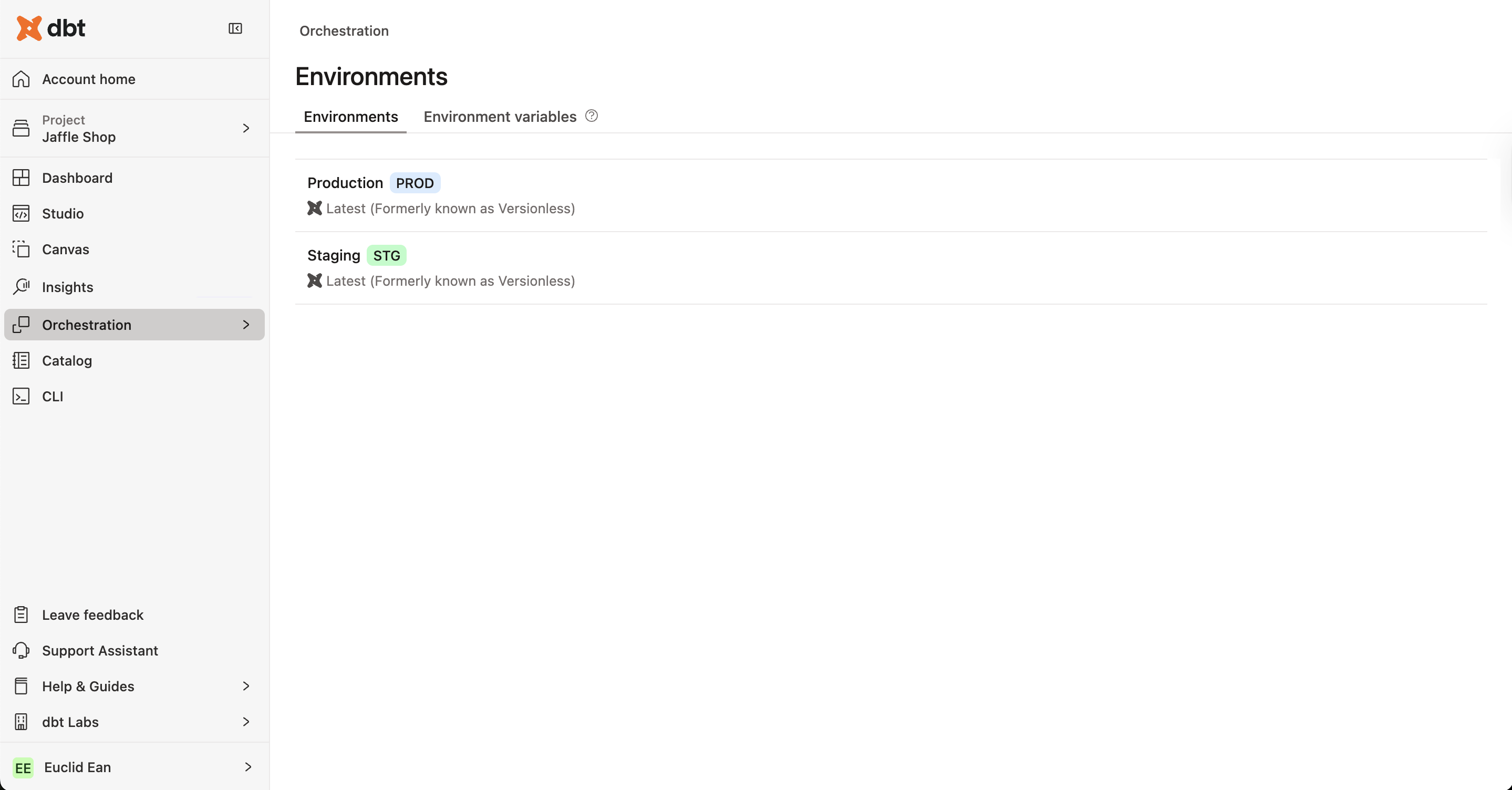 The Orchestration page with the environments. The Orchestration page with the environments.