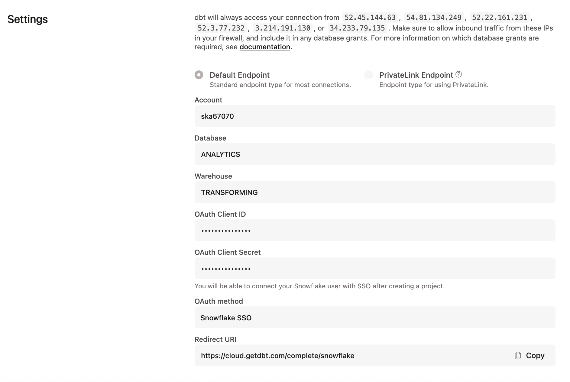Configuring Snowflake OAuth connection