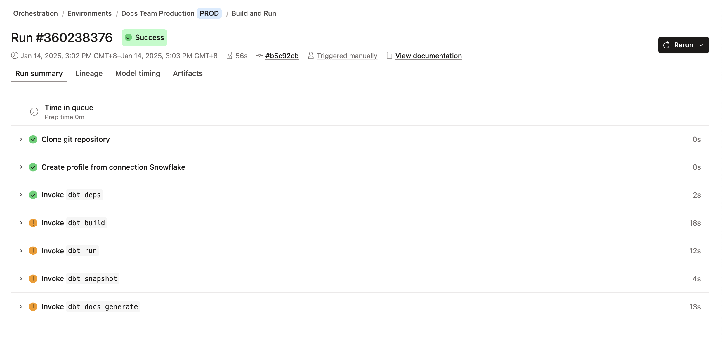 Overview of a dbt job run, which includes the job run details, trigger type, commit SHA, environment name, detailed run steps, logs, and more.