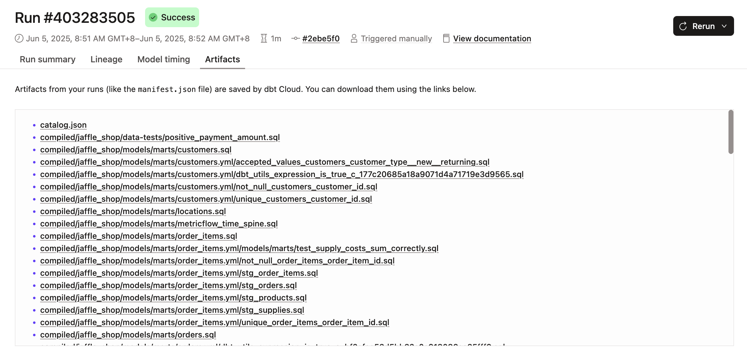 Example of the Artifacts tab Example of the Artifacts tab
