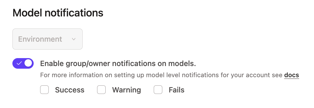 Example of the setting Enable group/owner notifications on models Example of the setting Enable group/owner notifications on models