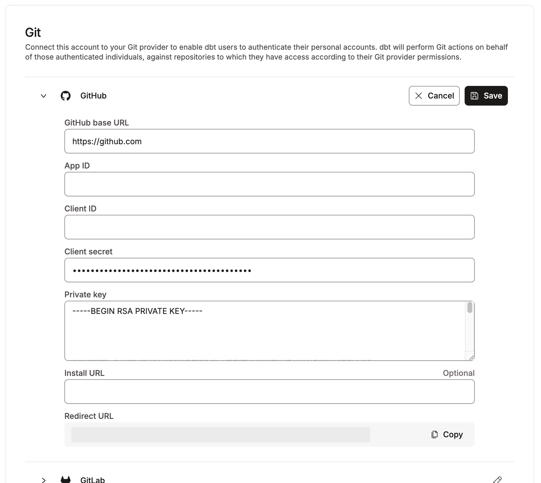 Adding your own GitHub application under Account settings, Integrations, Git Adding your own GitHub application under Account settings, Integrations, Git