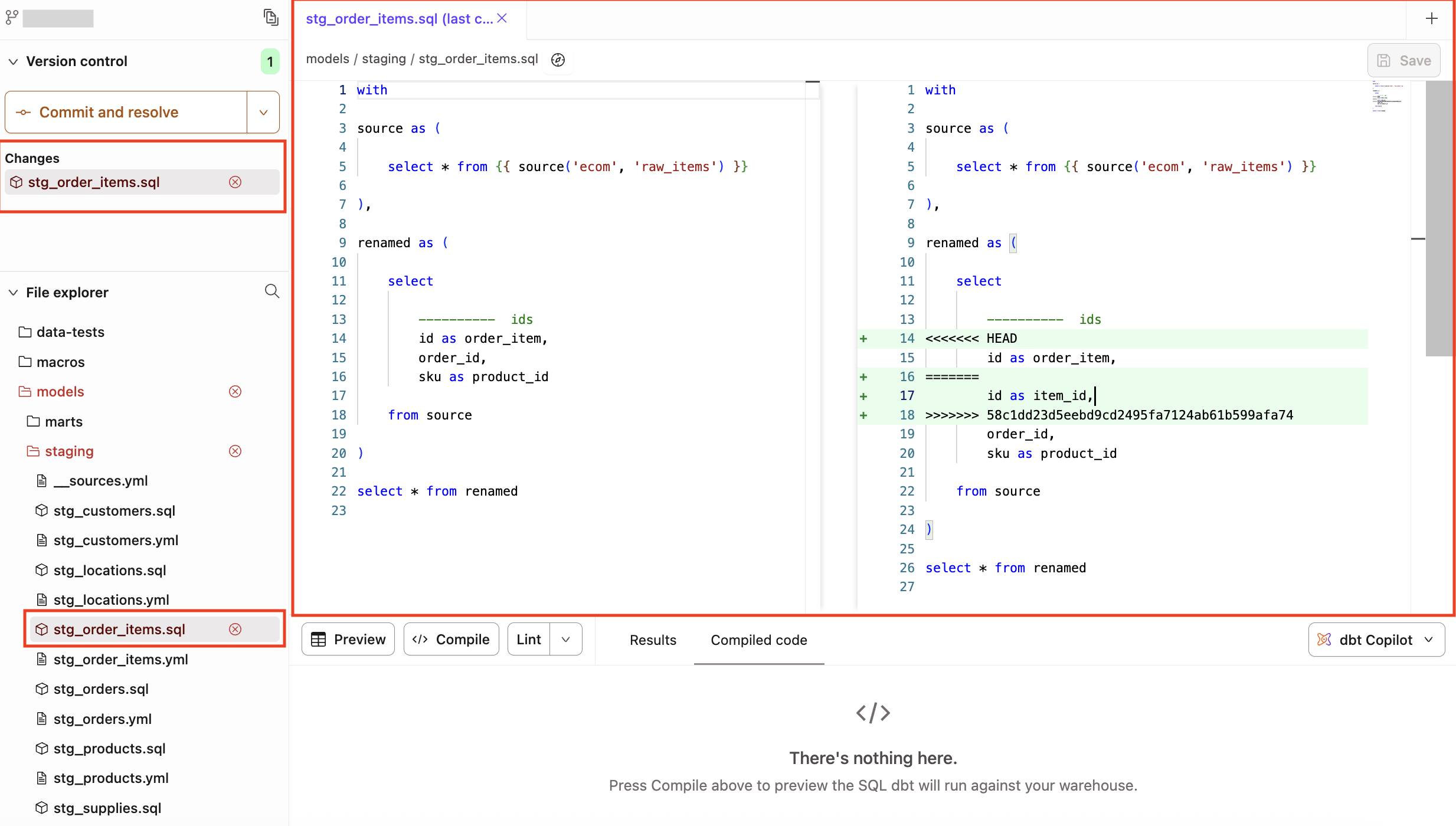 Conflicting section that needs resolution will be highlighted Conflicting section that needs resolution will be highlighted