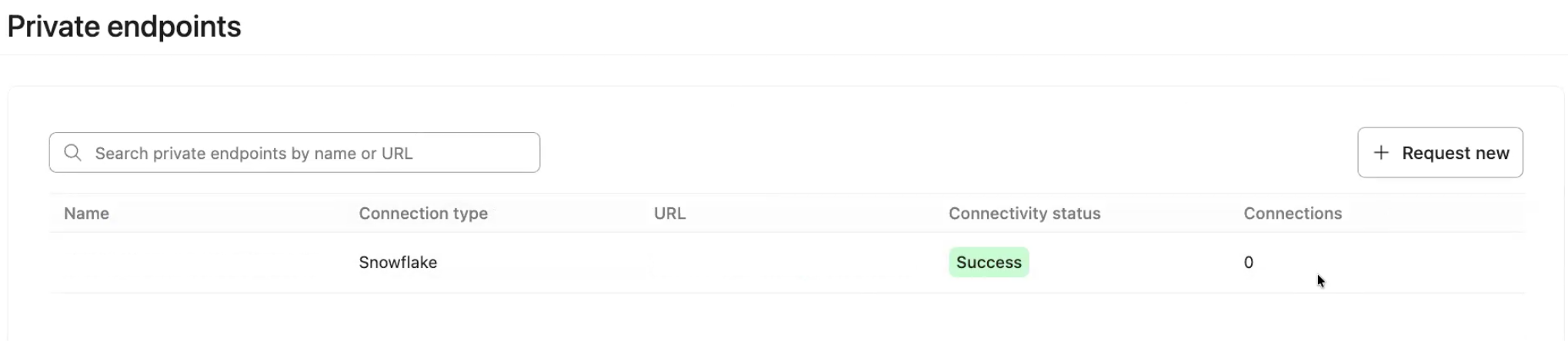 Private endpoints table showing existing endpoints, connectivity status, and the Request new button