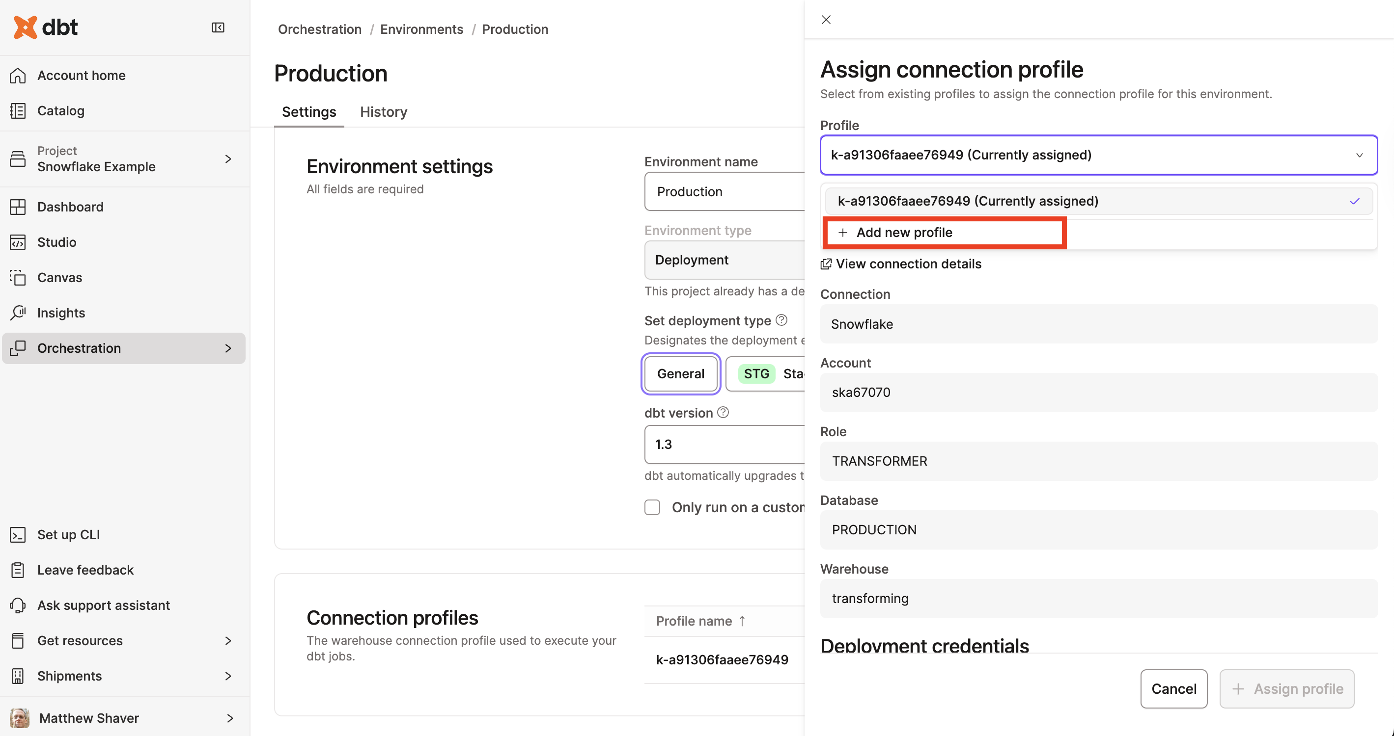 Creating a profile from the environment settings. Creating a profile from the environment settings.