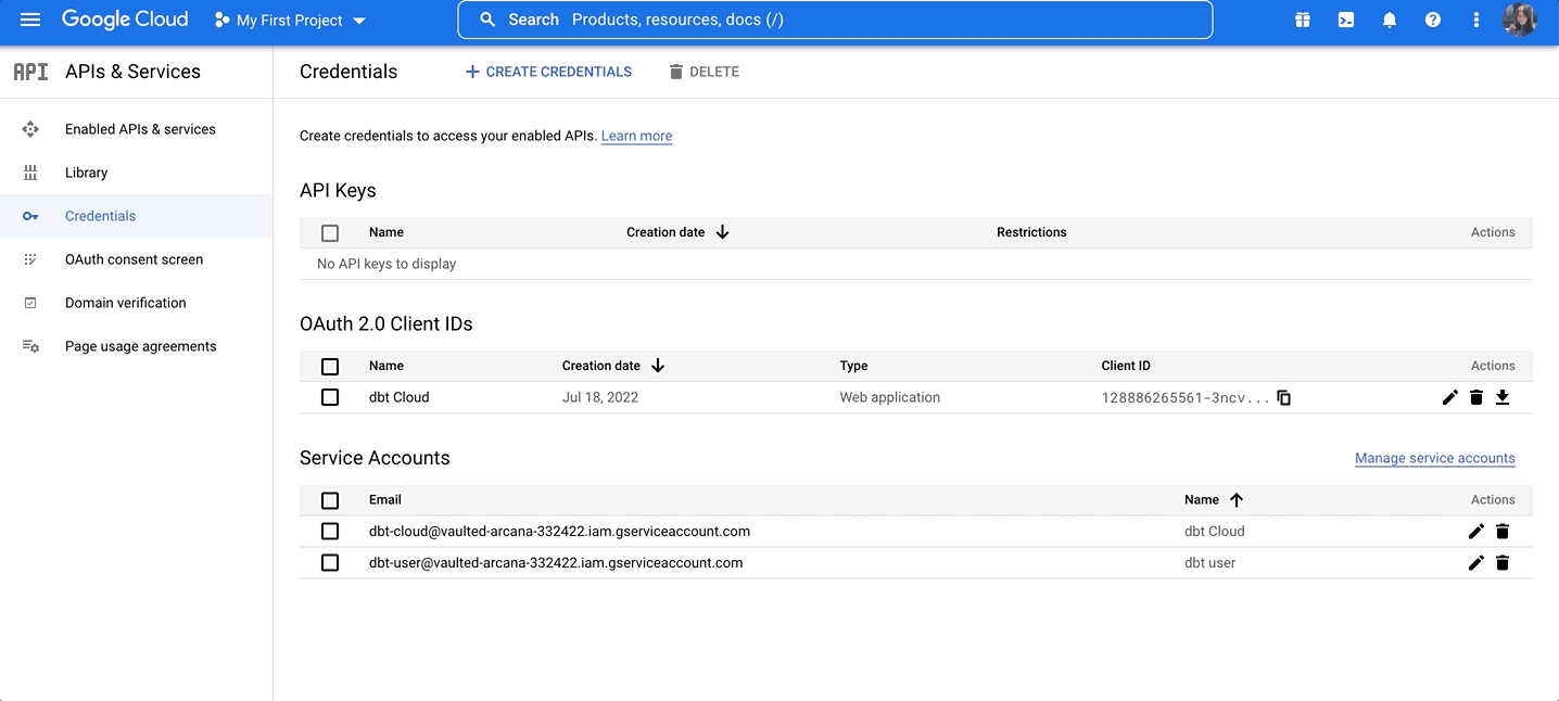 BigQuery navigation to credentials BigQuery navigation to credentials