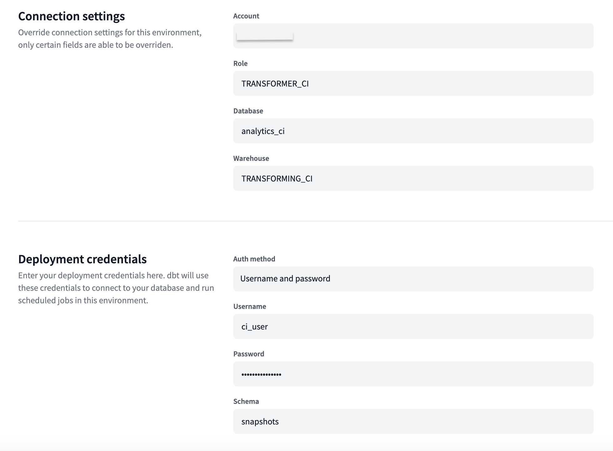Example of credentials in the user settings Example of credentials in the user settings