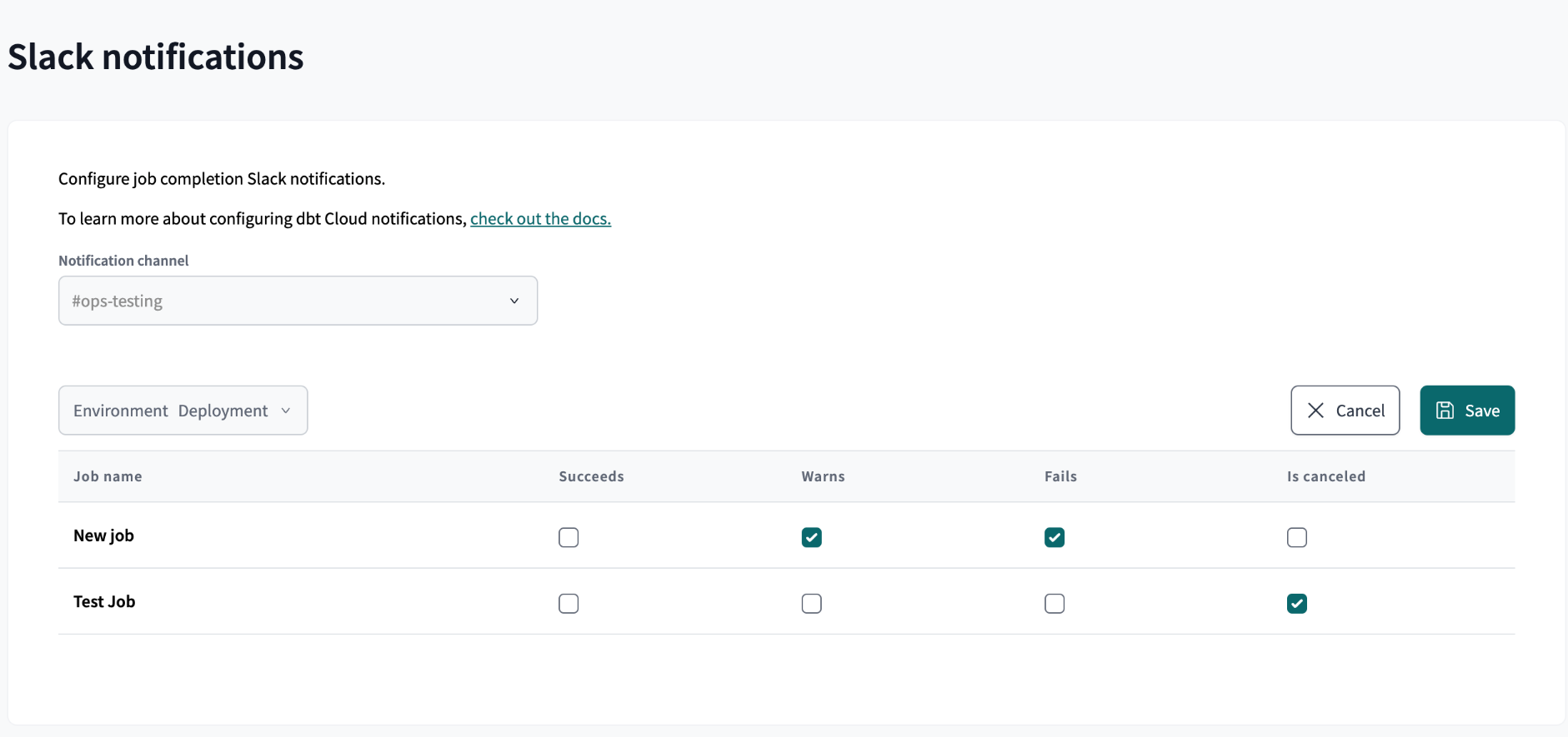 Example of the Slack notifications page Example of the Slack notifications page