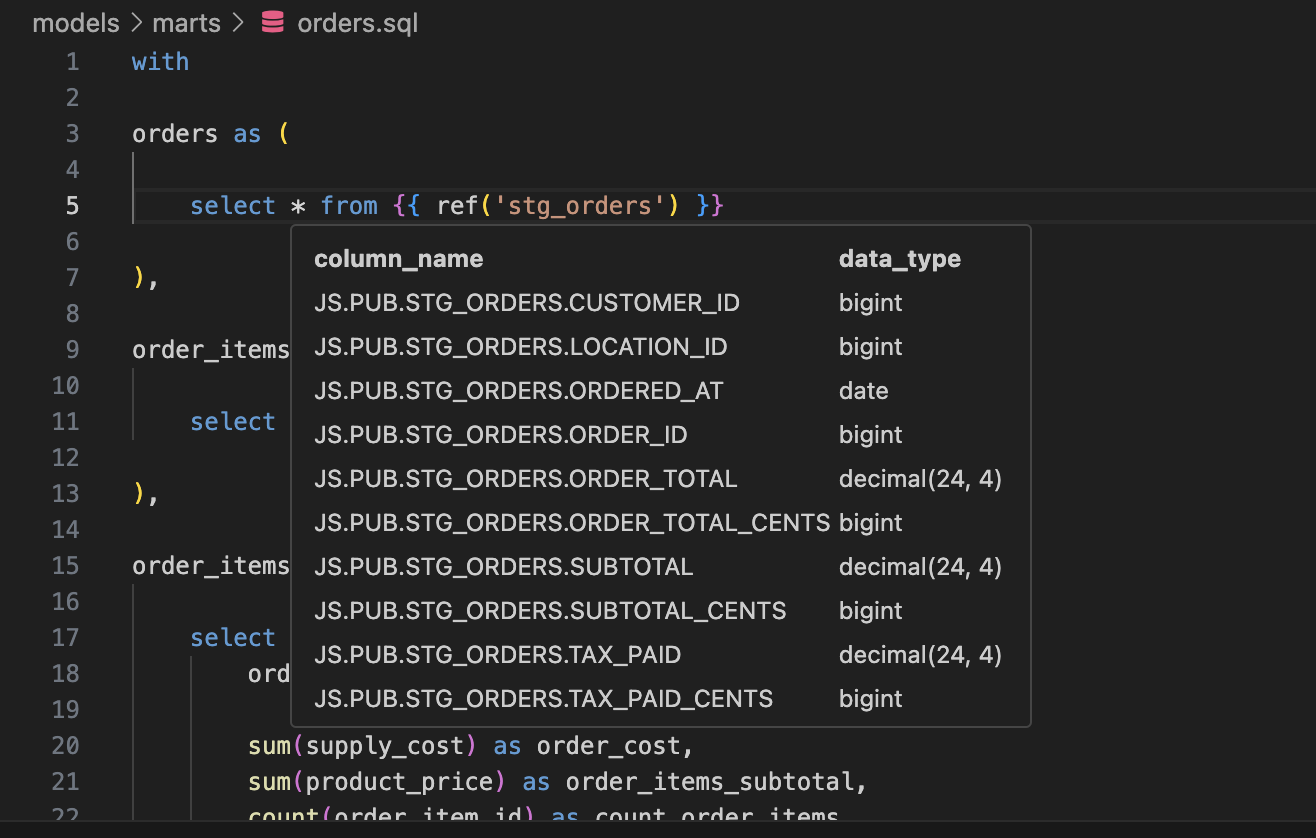 Hovering over * to see column names and data types.