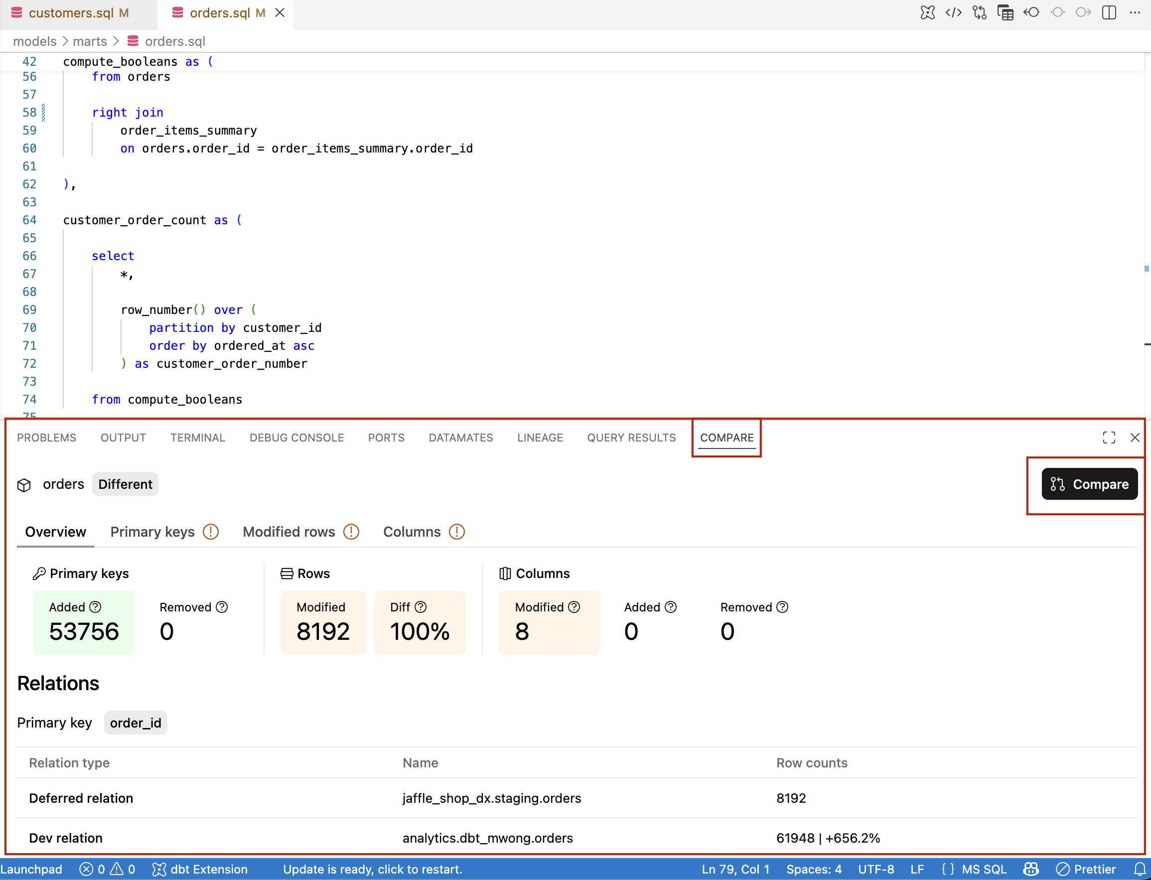 Make changes to a model and see the changes in the Compare tab Make changes to a model and see the changes in the Compare tab