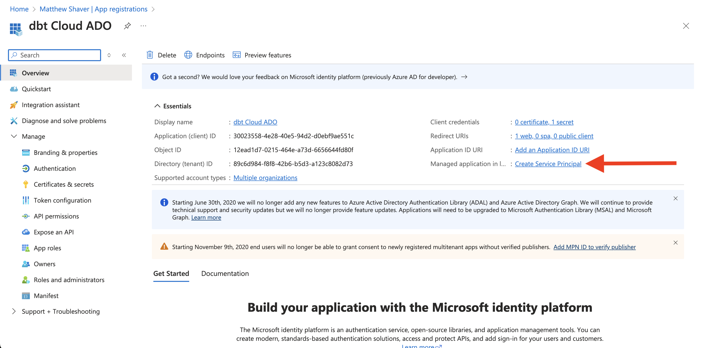 Example of the 'Create Service Principal' option highlighted . Example of the 'Create Service Principal' option highlighted .
