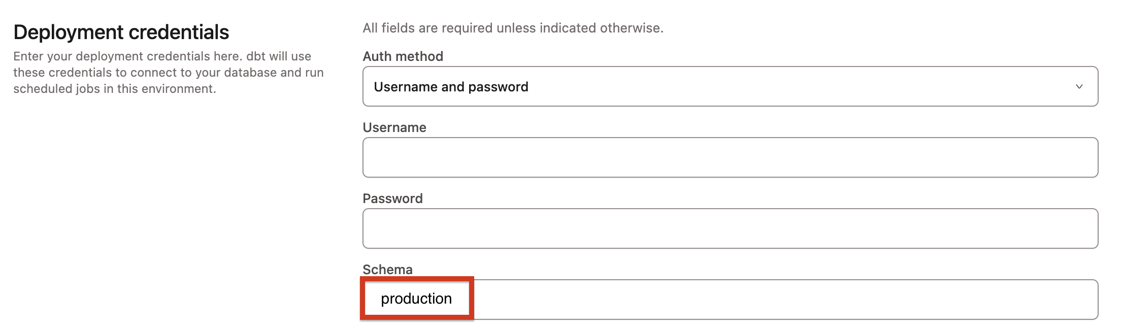 Update the deployment credentials schema to production