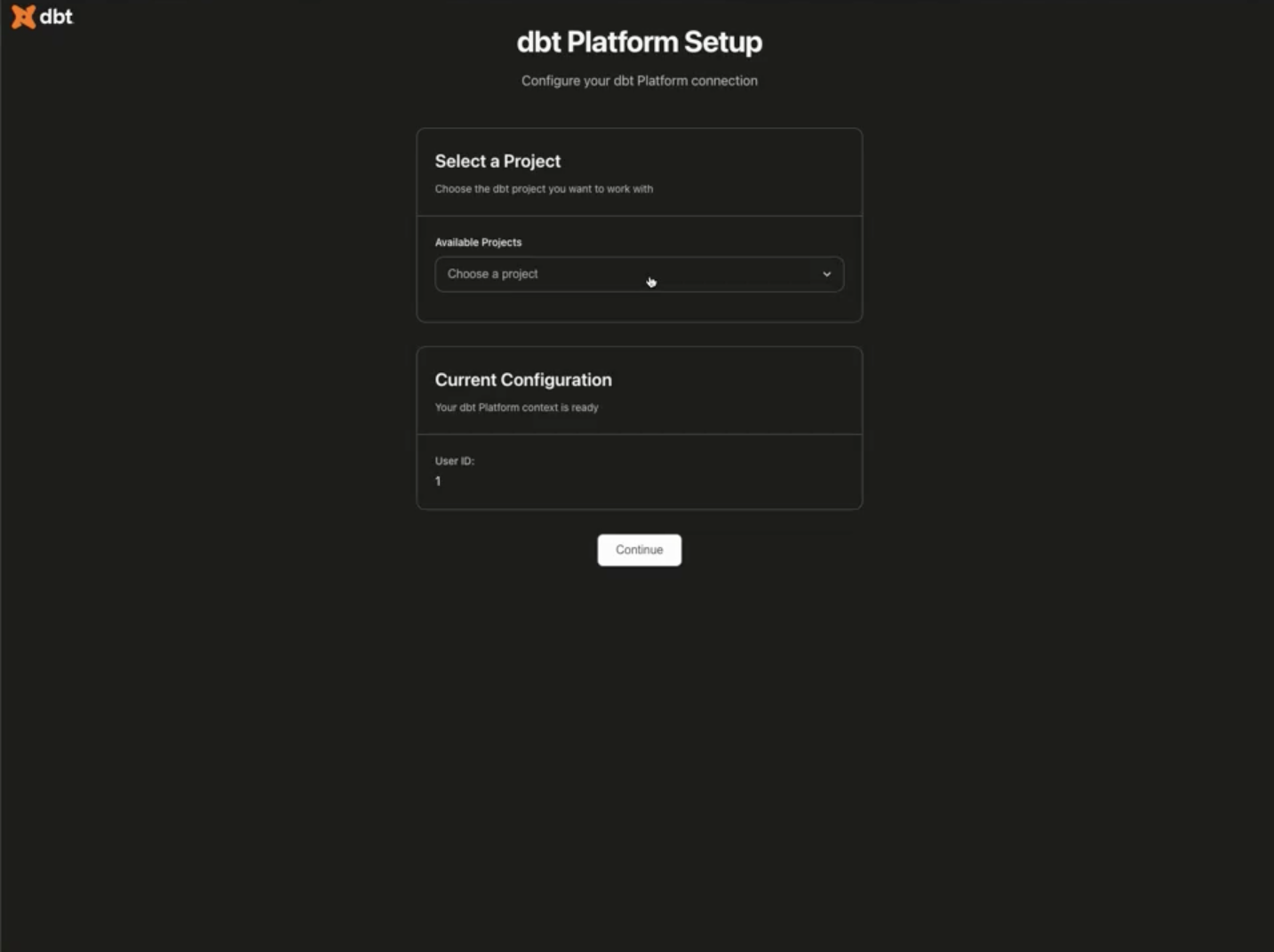 Select your dbt platform project Select your dbt platform project